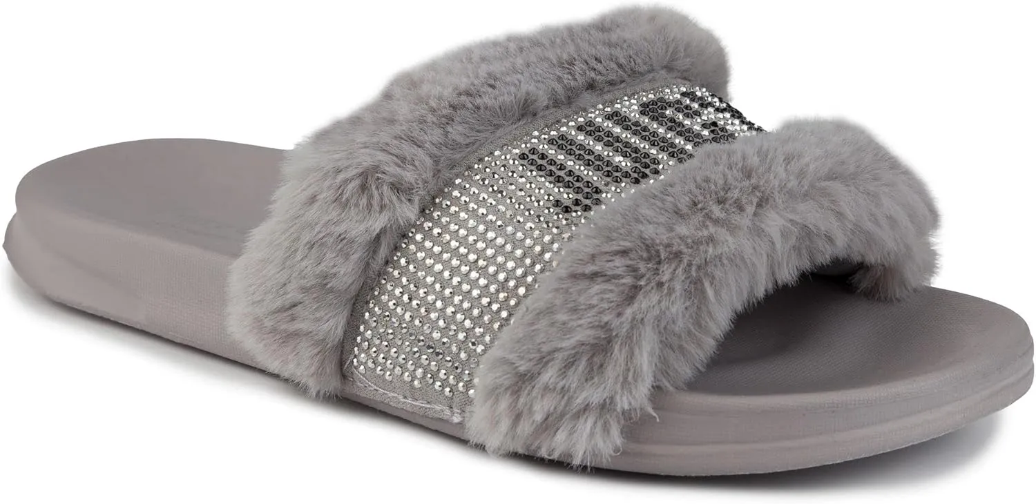 Juicy Couture Women's Fashionable Faux Fur Slide Sandals, Cozy Slip-On with EVA Sole for Indoor & Outdoor Slip-On
