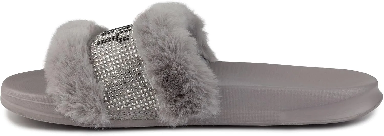 Juicy Couture Women's Fashionable Faux Fur Slide Sandals, Cozy Slip-On with EVA Sole for Indoor & Outdoor Slip-On