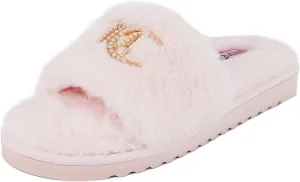 Juicy Couture Women's Faux Fur Slide Sandal Slippers, Open Toe, Comfortable Indoor Outdoor House Shoes