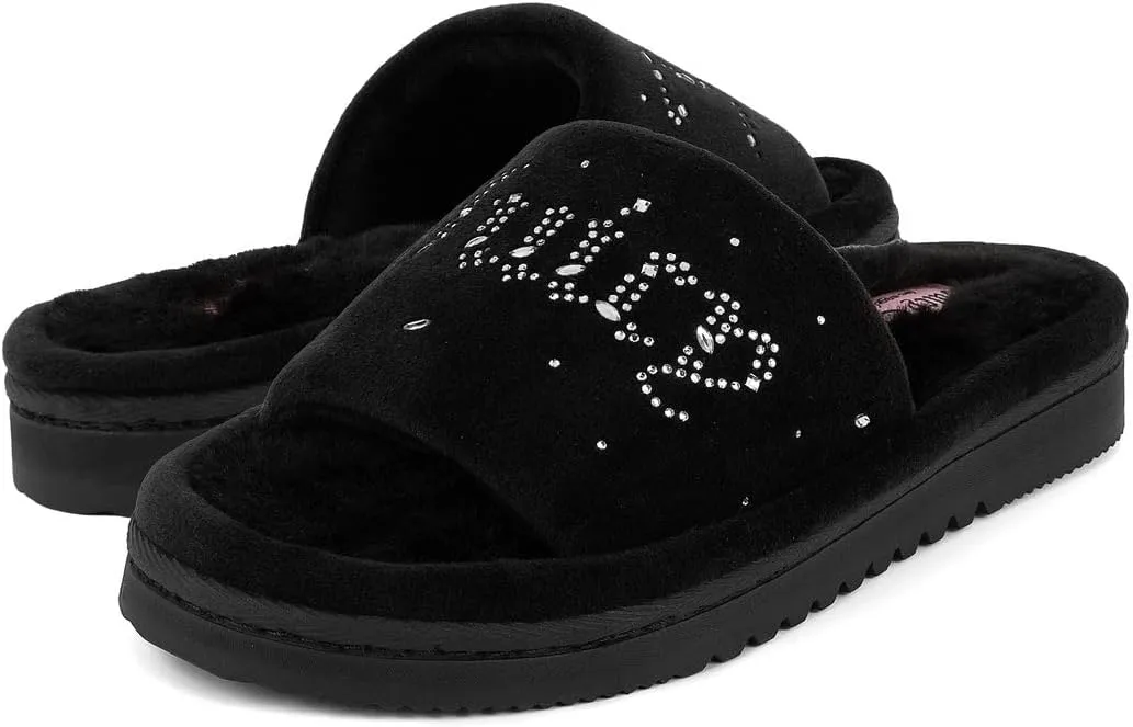 Juicy Couture Women's Faux Fur Slide Sandal Slippers, Open Toe, Comfortable Indoor Outdoor House Shoes
