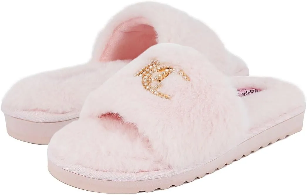 Juicy Couture Women's Faux Fur Slide Sandal Slippers, Open Toe, Comfortable Indoor Outdoor House Shoes
