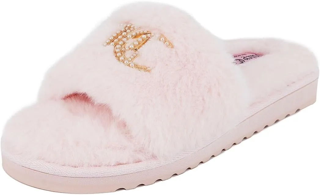 Juicy Couture Women's Faux Fur Slide Sandal Slippers, Open Toe, Comfortable Indoor Outdoor House Shoes