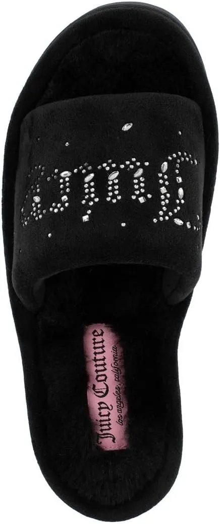 Juicy Couture Women's Faux Fur Slide Sandal Slippers, Open Toe, Comfortable Indoor Outdoor House Shoes