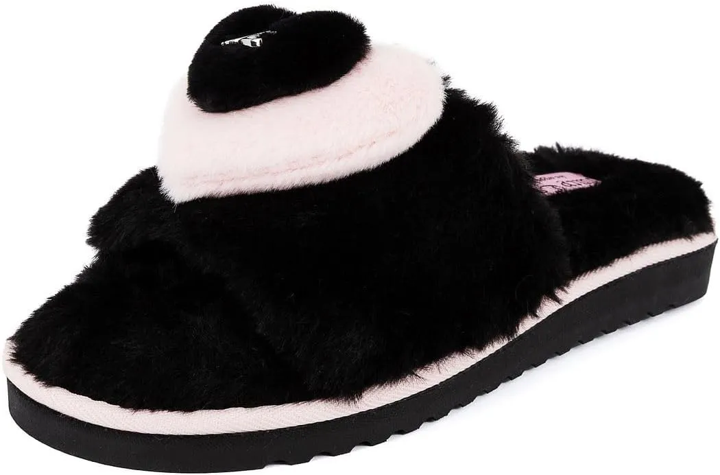 Juicy Couture Women's Faux Fur Slide Sandal Slippers, Open Toe, Comfortable Indoor Outdoor House Shoes