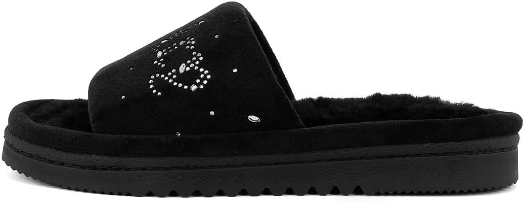 Juicy Couture Women's Faux Fur Slide Sandal Slippers, Open Toe, Comfortable Indoor Outdoor House Shoes