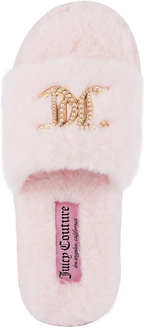Juicy Couture Women's Faux Fur Slide Sandal Slippers, Open Toe, Comfortable Indoor Outdoor House Shoes