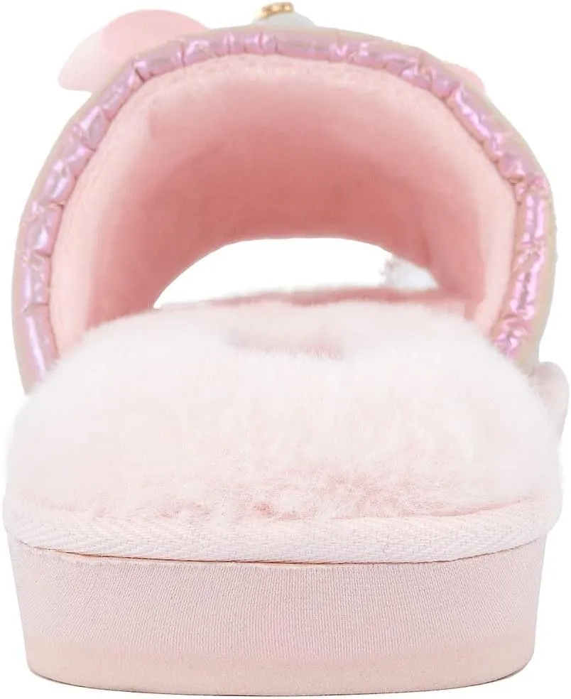 Juicy Couture Women's Faux Fur Slide Sandal Slippers, Open Toe, Comfortable Indoor Outdoor House Shoes