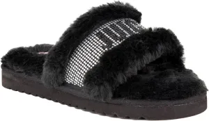 Juicy Couture Women's Luxe Faux Fur Slide Slippers with Embellished Strap, Cozy Indoor/Outdoor Fuzzy Slip-On Sandals
