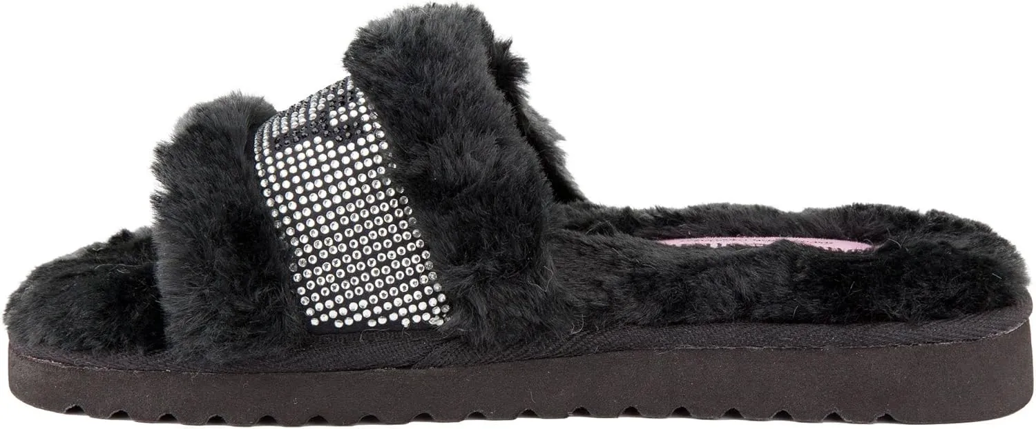 Juicy Couture Women's Luxe Faux Fur Slide Slippers with Embellished Strap, Cozy Indoor/Outdoor Fuzzy Slip-On Sandals
