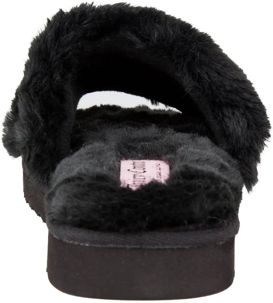 Juicy Couture Women's Luxe Faux Fur Slide Slippers with Embellished Strap, Cozy Indoor/Outdoor Fuzzy Slip-On Sandals