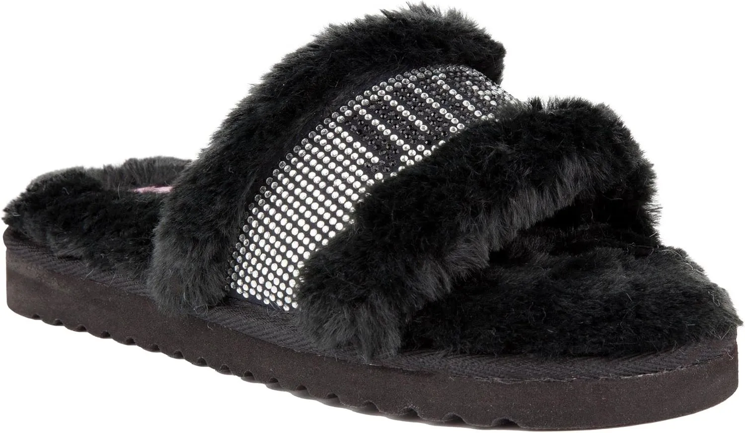Juicy Couture Women's Luxe Faux Fur Slide Slippers with Embellished Strap, Cozy Indoor/Outdoor Fuzzy Slip-On Sandals