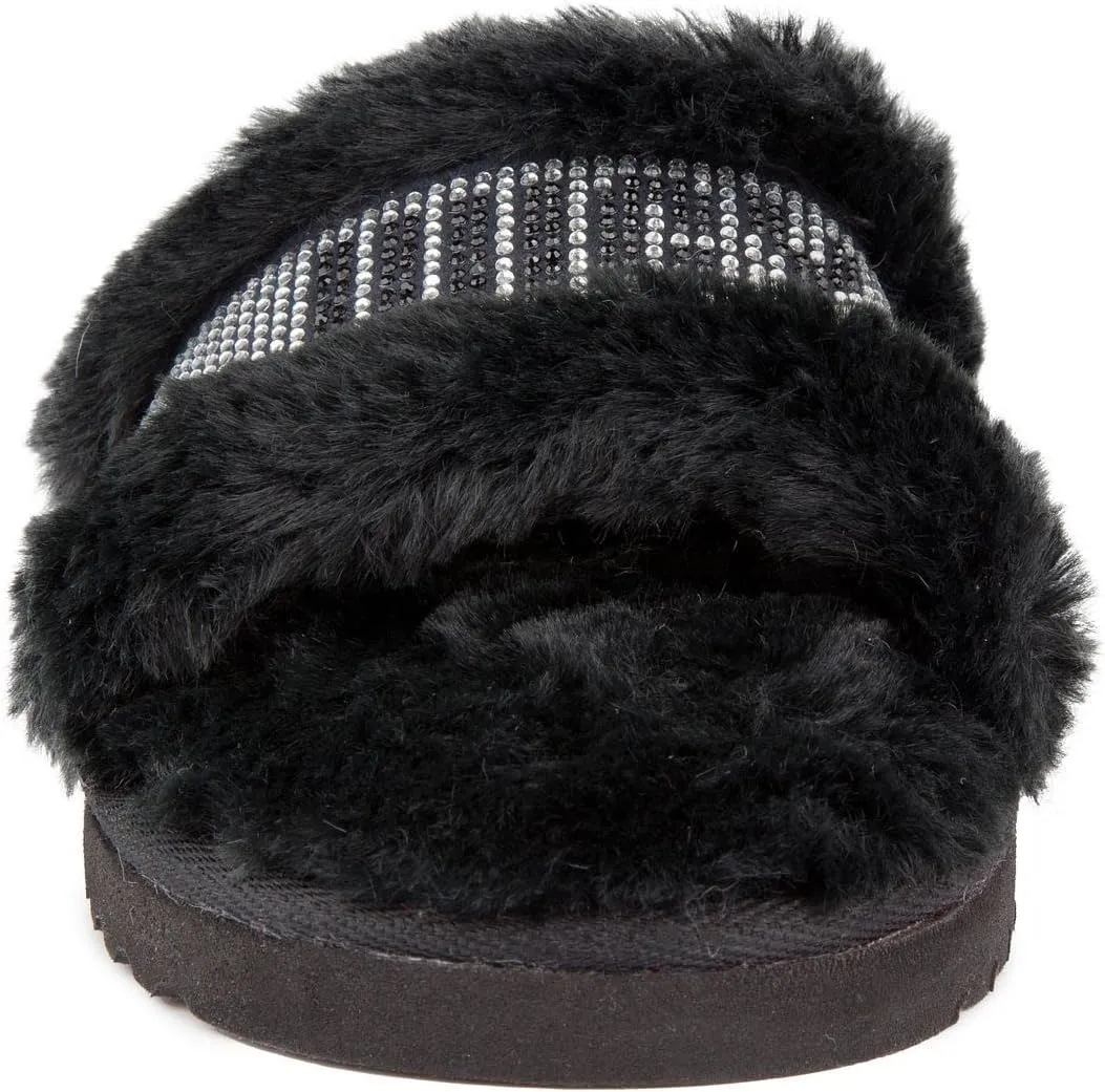 Juicy Couture Women's Luxe Faux Fur Slide Slippers with Embellished Strap, Cozy Indoor/Outdoor Fuzzy Slip-On Sandals