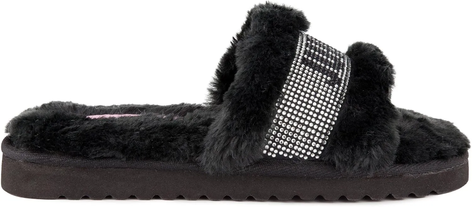 Juicy Couture Women's Luxe Faux Fur Slide Slippers with Embellished Strap, Cozy Indoor/Outdoor Fuzzy Slip-On Sandals