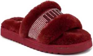 Juicy Couture Women's Luxe Faux Fur Slide Slippers with Embellished Strap, Cozy Indoor/Outdoor Fuzzy Slip-On Sandals
