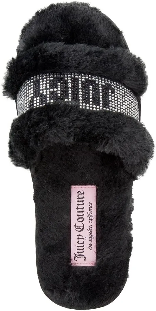 Juicy Couture Women's Luxe Faux Fur Slide Slippers with Embellished Strap, Cozy Indoor/Outdoor Fuzzy Slip-On Sandals