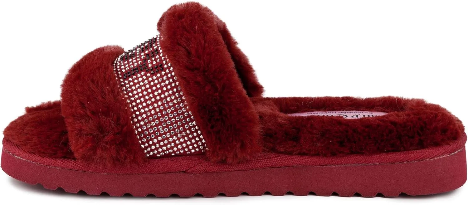 Juicy Couture Women's Luxe Faux Fur Slide Slippers with Embellished Strap, Cozy Indoor/Outdoor Fuzzy Slip-On Sandals