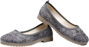 JYHBHMZG Soft Jacquard Cotton Embroidered Women Slip On Ballet Flats Comfortable Casual Platform Shoes Gray Beige