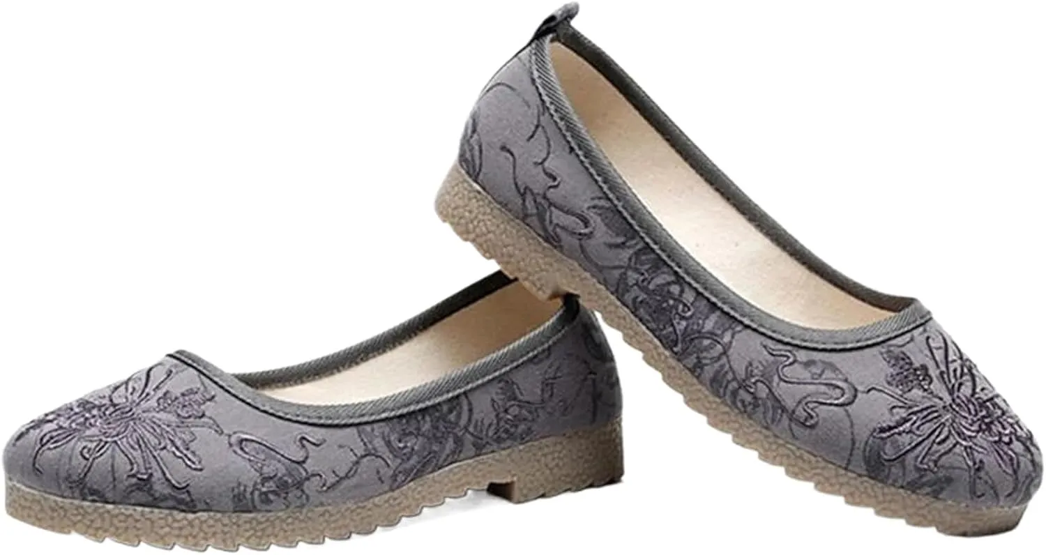 JYHBHMZG Soft Jacquard Cotton Embroidered Women Slip On Ballet Flats Comfortable Casual Platform Shoes Gray Beige