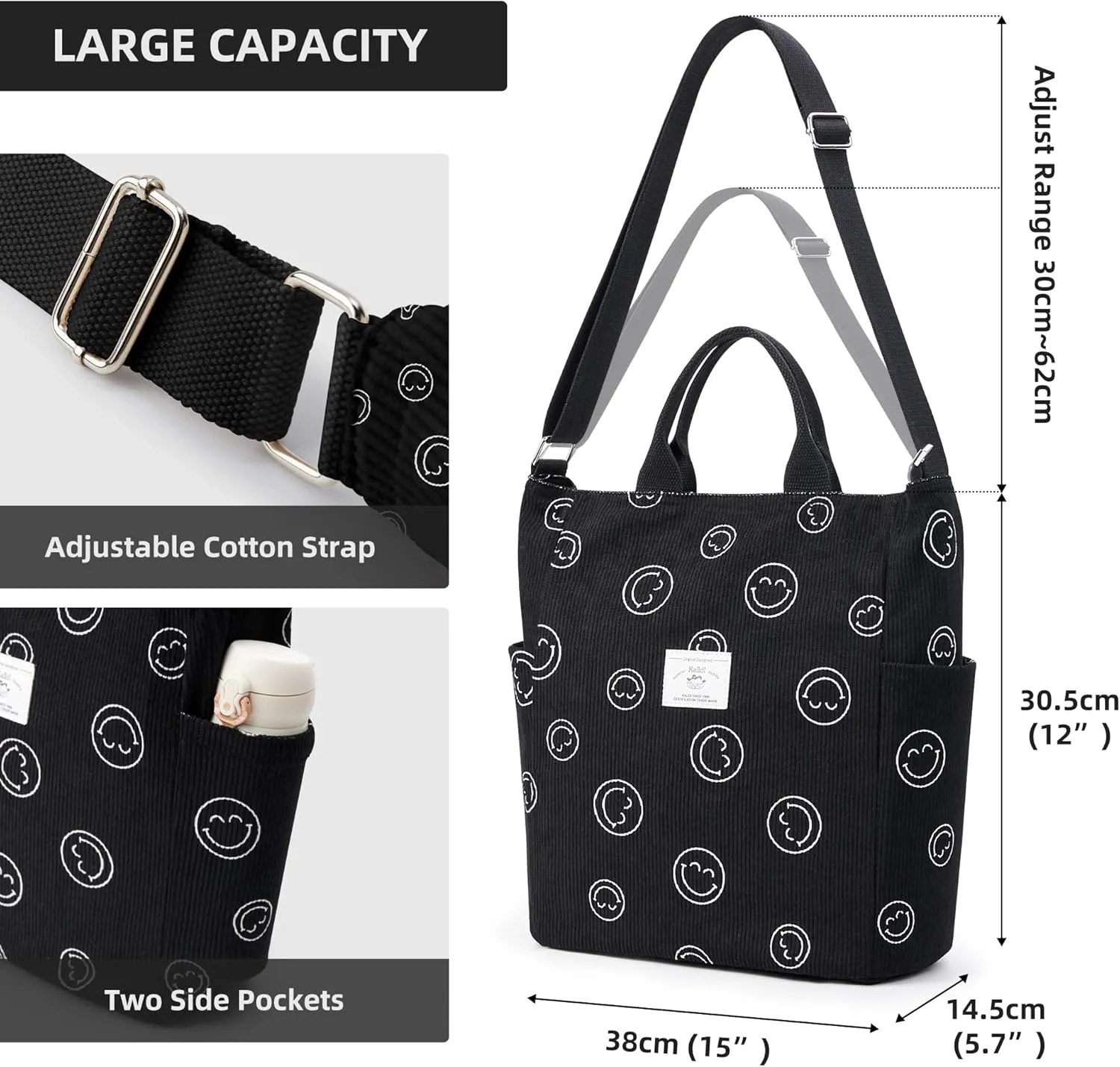 KALIDI Corduroy Tote Bag, Large Messenger Bag Shoulder Hobo Anti Splash Crossbody Zipper Bag Casual Work Shopping Women