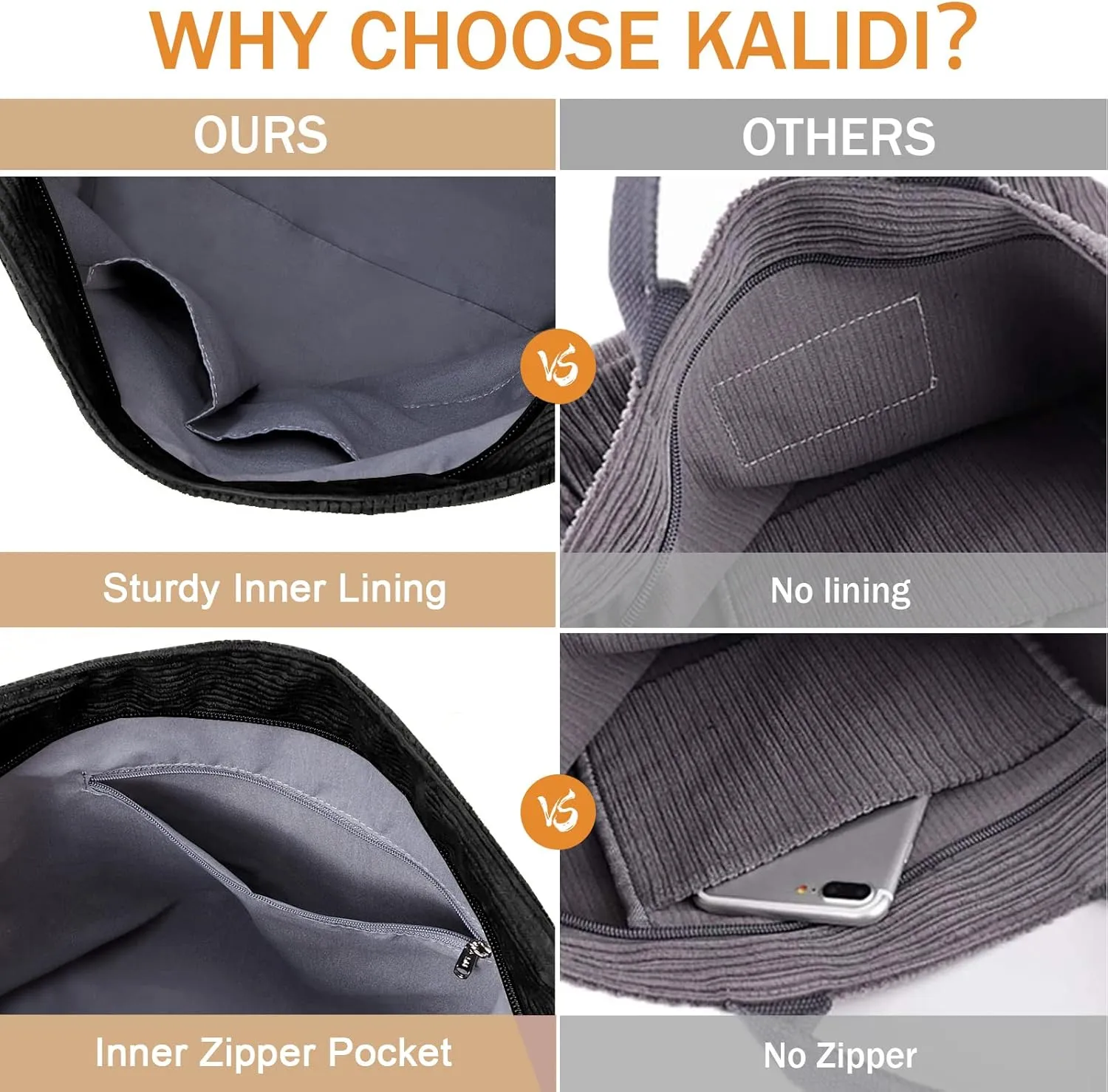 KALIDI Corduroy Tote Bag, Large Messenger Bag Shoulder Hobo Anti Splash Crossbody Zipper Bag Casual Work Shopping Women