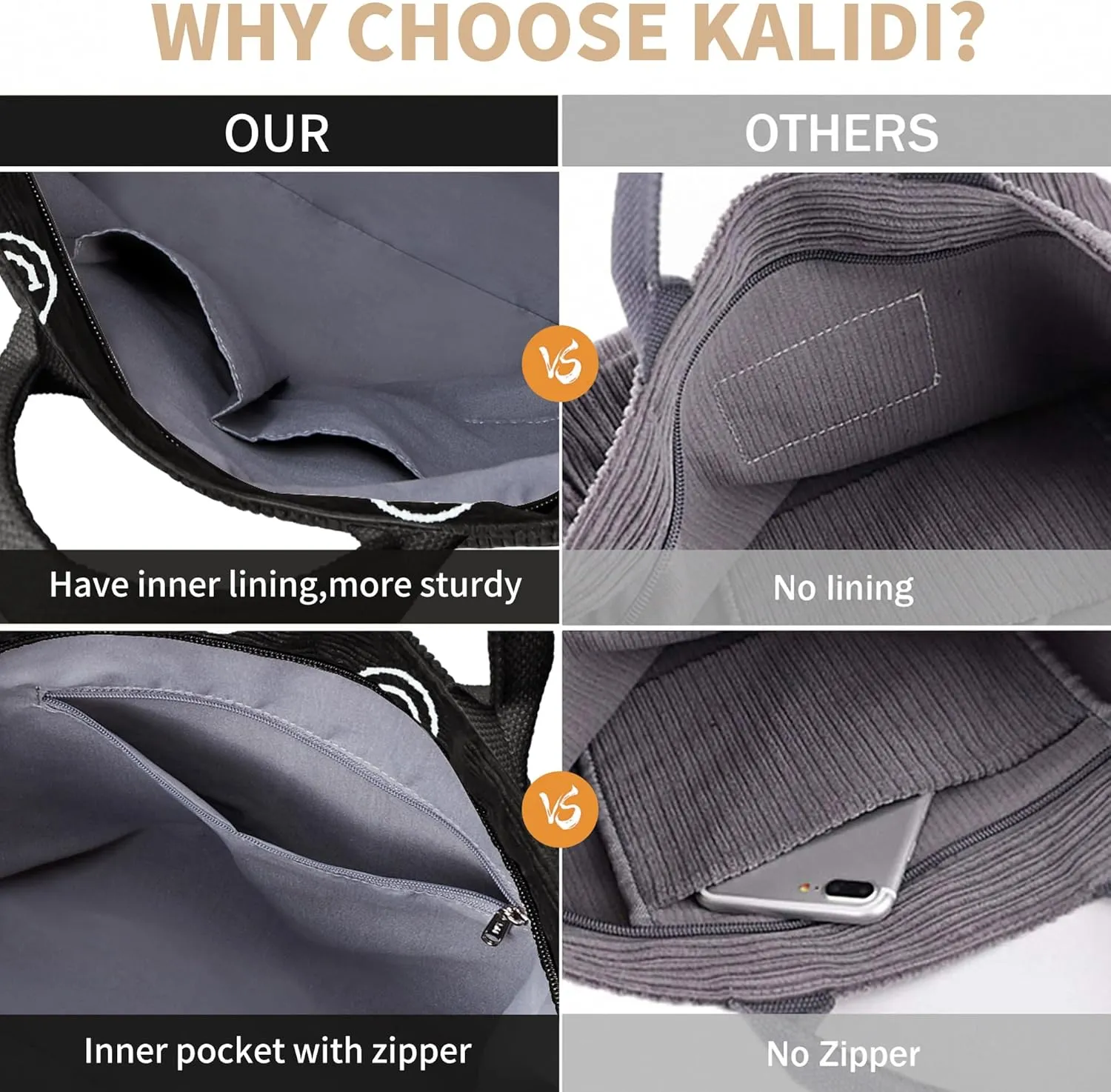 KALIDI Corduroy Tote Bag, Large Messenger Bag Shoulder Hobo Anti Splash Crossbody Zipper Bag Casual Work Shopping Women