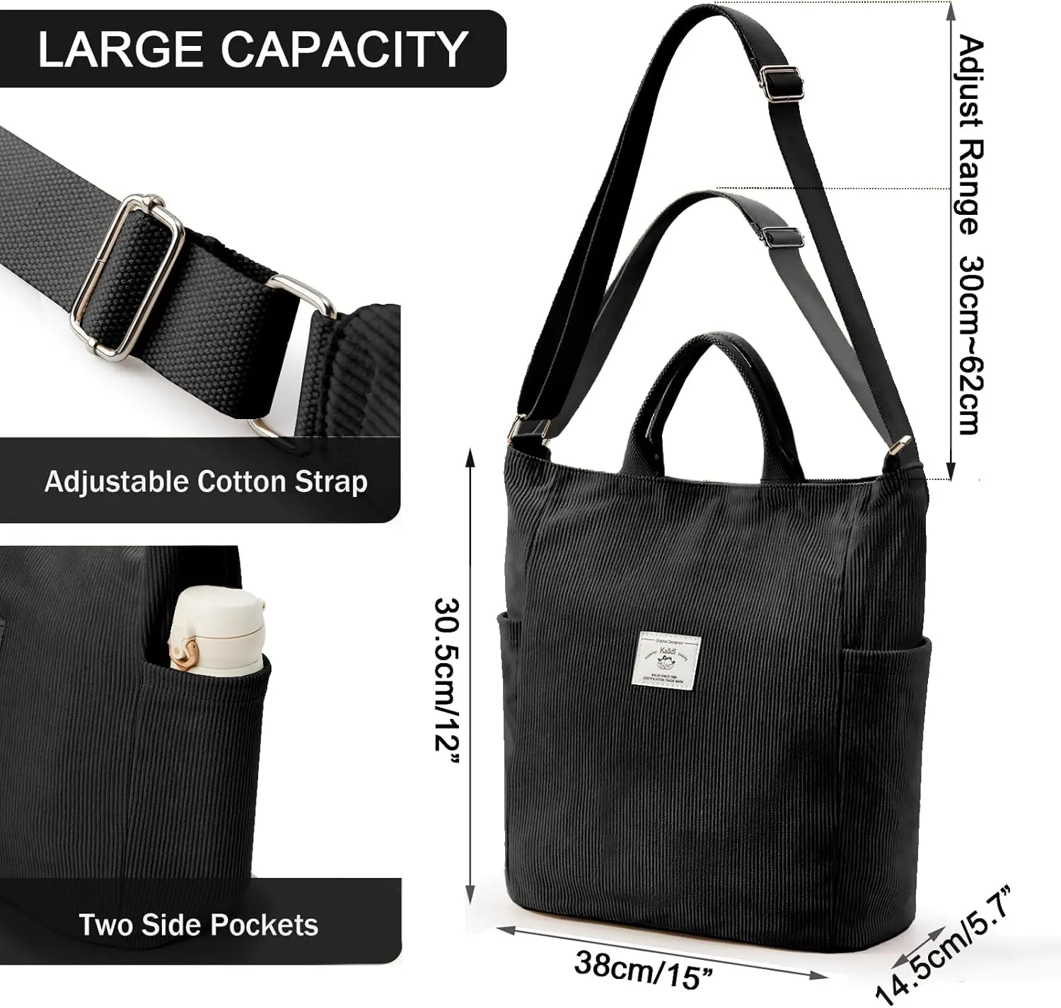 KALIDI Corduroy Tote Bag, Large Messenger Bag Shoulder Hobo Anti Splash Crossbody Zipper Bag Casual Work Shopping Women
