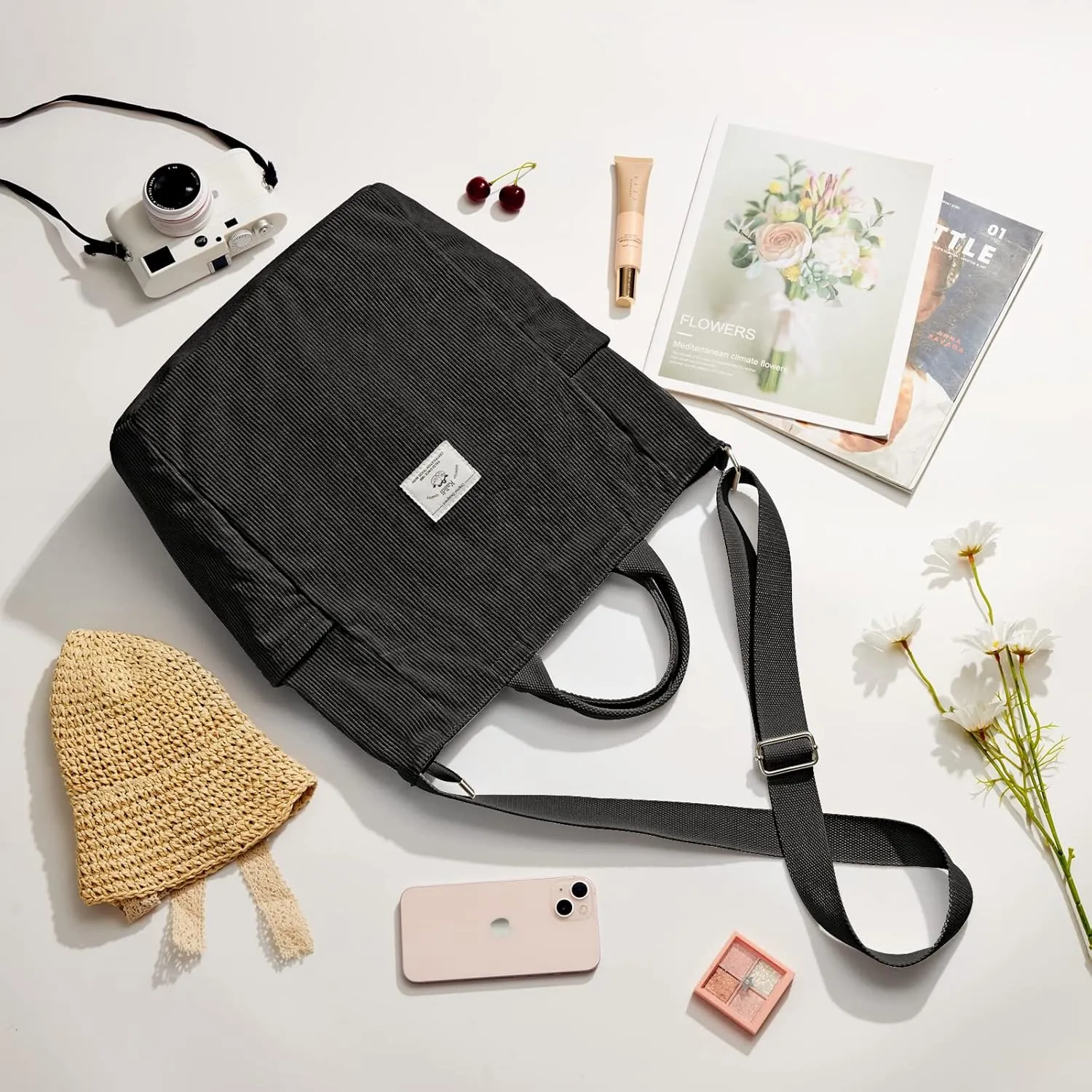 KALIDI Corduroy Tote Bag, Large Messenger Bag Shoulder Hobo Anti Splash Crossbody Zipper Bag Casual Work Shopping Women
