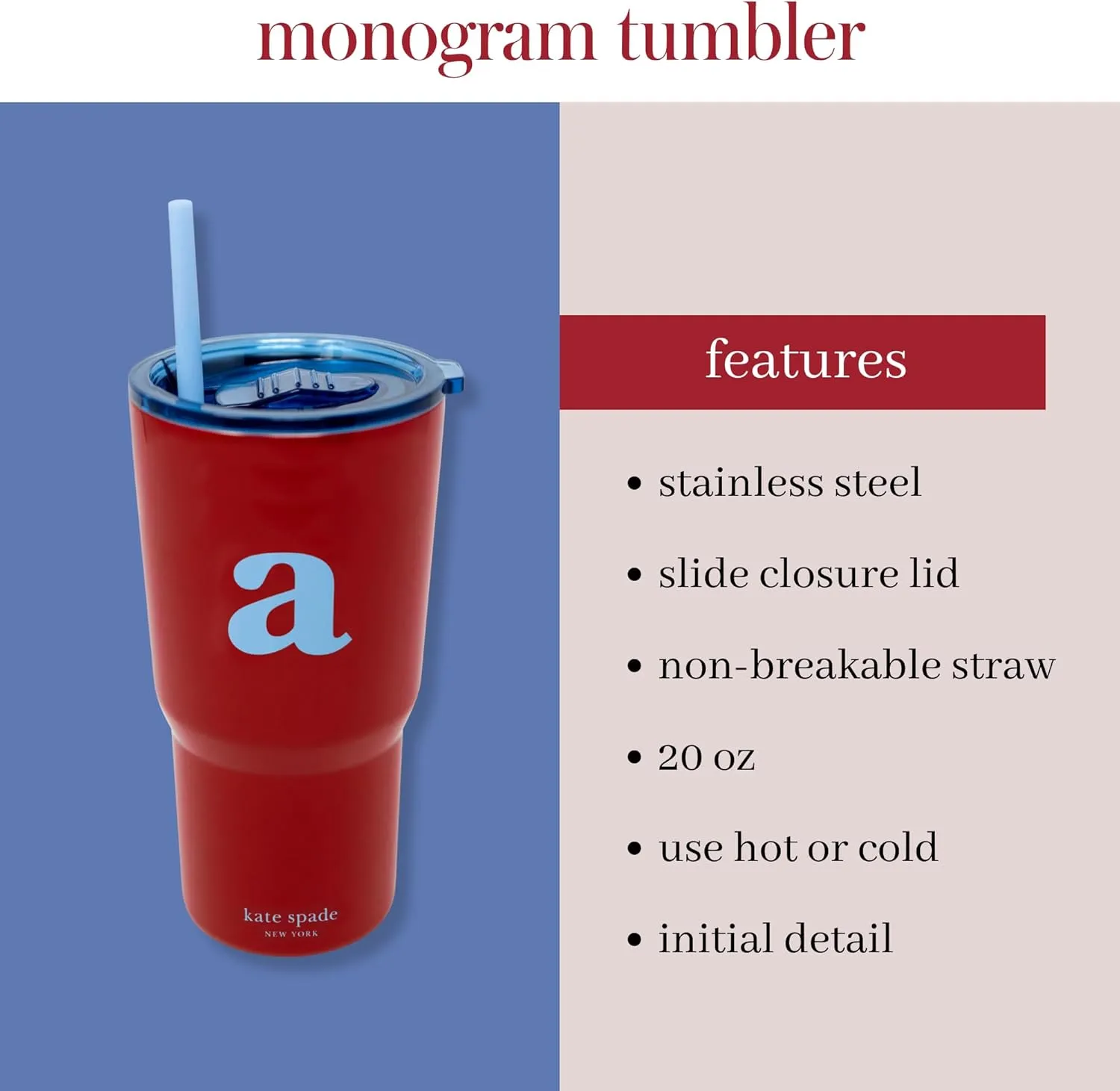 kate spade new york 20 Ounce Insulated Initial Tumbler for Cold and Hot Drinks with Reusable Straw, Stainless Steel Travel Cup with Slide Top Lid (A)