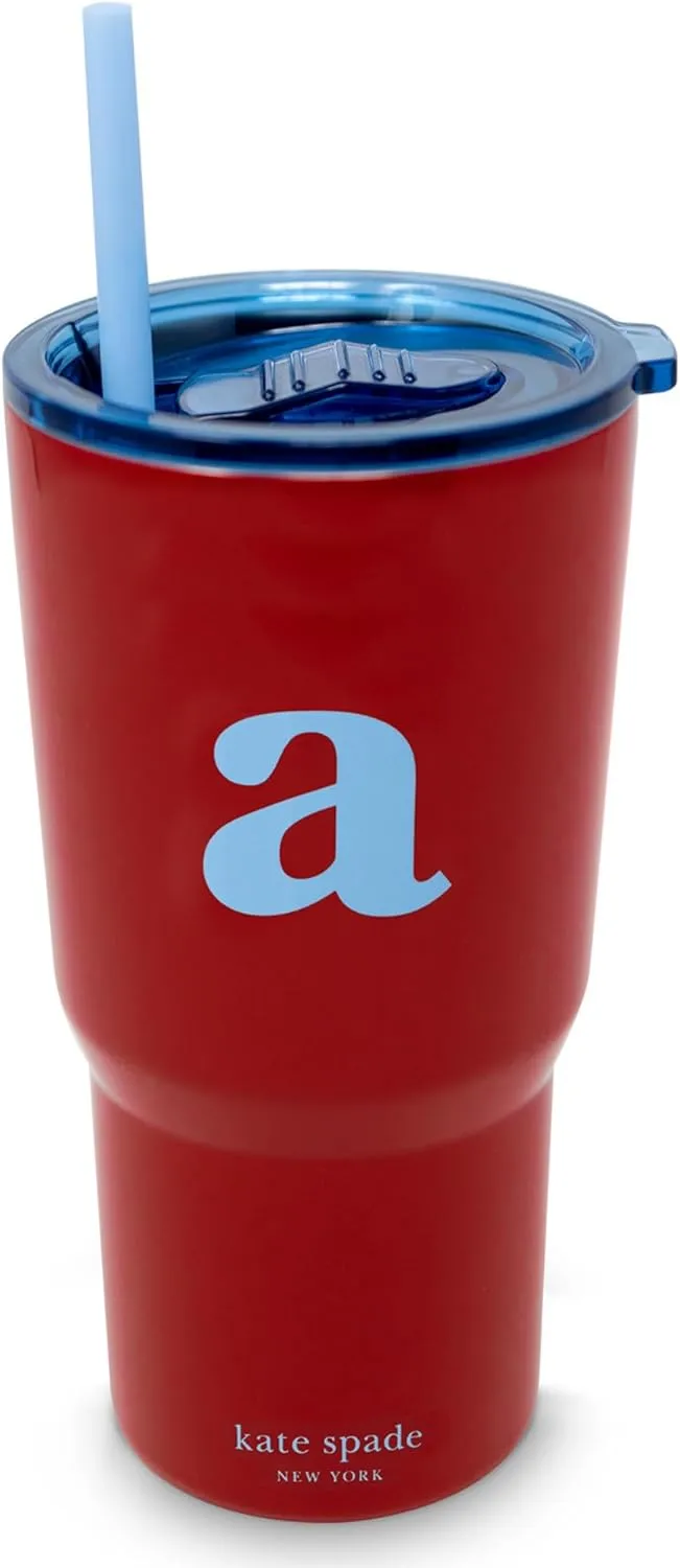 kate spade new york 20 Ounce Insulated Initial Tumbler for Cold and Hot Drinks with Reusable Straw, Stainless Steel Travel Cup with Slide Top Lid (A)