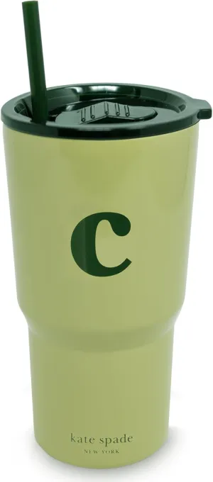 kate spade new york 20 Ounce Insulated Initial Tumbler for Cold and Hot Drinks with Reusable Straw, Stainless Steel Travel Cup with Slide Top Lid (C)