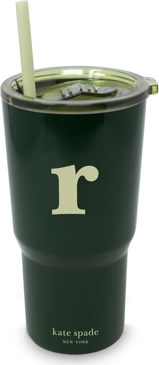kate spade new york 20 Ounce Insulated Initial Tumbler for Cold and Hot Drinks with Reusable Straw, Stainless Steel Travel Cup with Slide Top Lid (R)