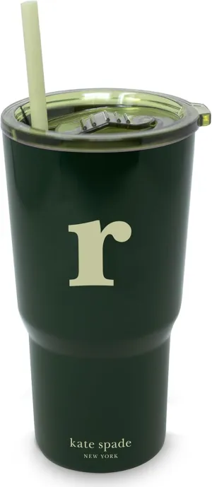 kate spade new york 20 Ounce Insulated Initial Tumbler for Cold and Hot Drinks with Reusable Straw, Stainless Steel Travel Cup with Slide Top Lid (R)