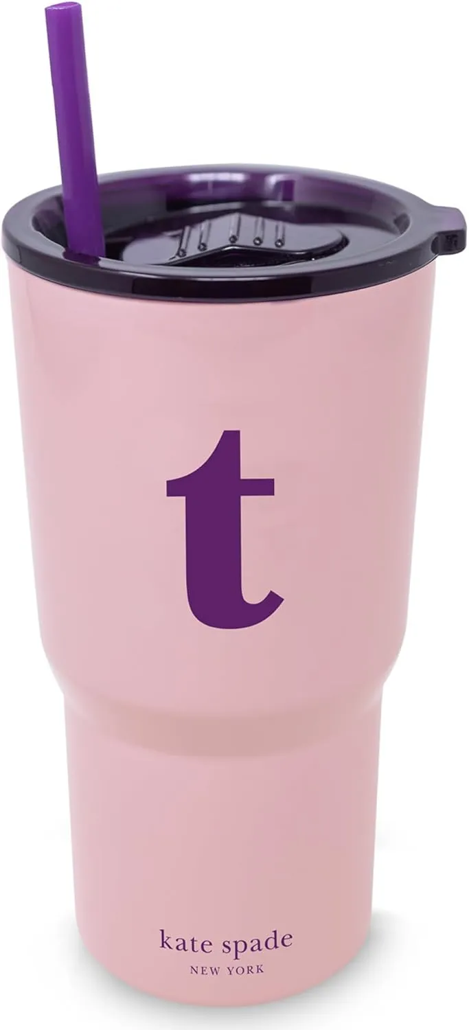 kate spade new york 20 Ounce Insulated Initial Tumbler for Cold and Hot Drinks with Reusable Straw, Stainless Steel Travel Cup with Slide Top Lid (T)
