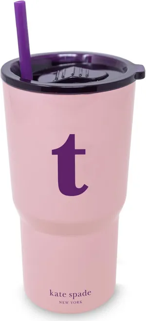 kate spade new york 20 Ounce Insulated Initial Tumbler for Cold and Hot Drinks with Reusable Straw, Stainless Steel Travel Cup with Slide Top Lid (T)