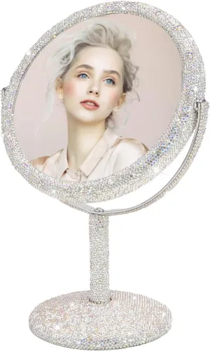 KEYPOWER Bling Rhinestone Makeup Vanity Mirror Round with Stand Double Side Cosmetic Glitter Movable Desk Bathroom Bedroom Tabletop(White)
