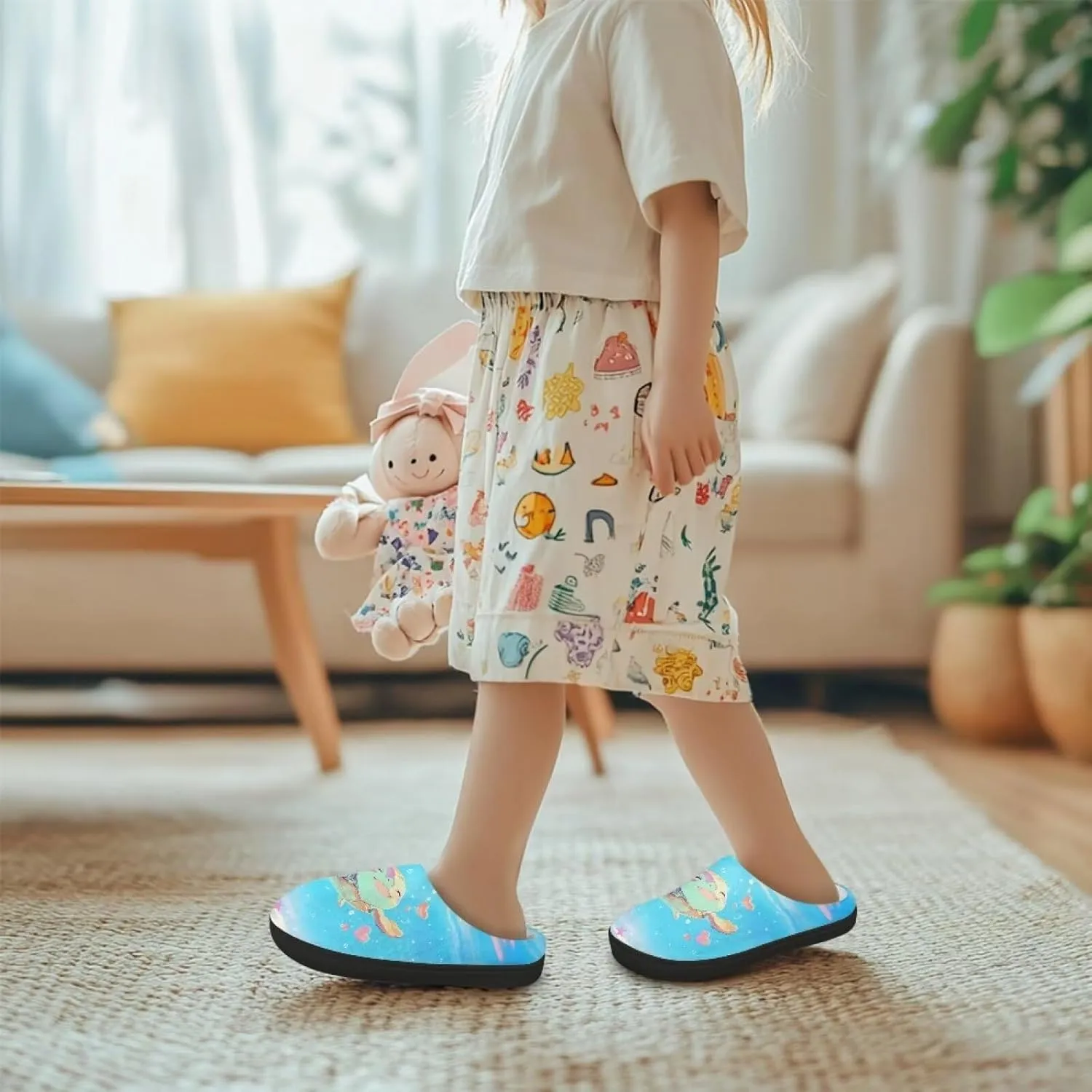 Kids Fuzzy Warm House Slippers for Girls Non Slip Rubber Sole Home Slippers for Toddlers Size 9-15