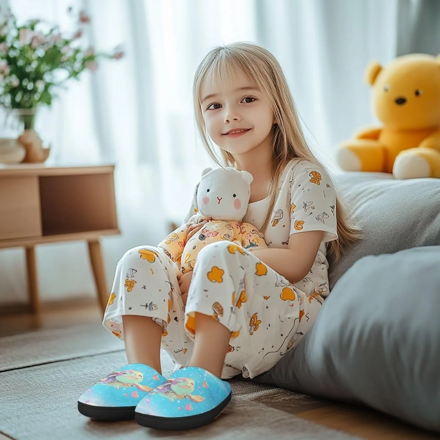 Kids Fuzzy Warm House Slippers for Girls Non Slip Rubber Sole Home Slippers for Toddlers Size 9-15
