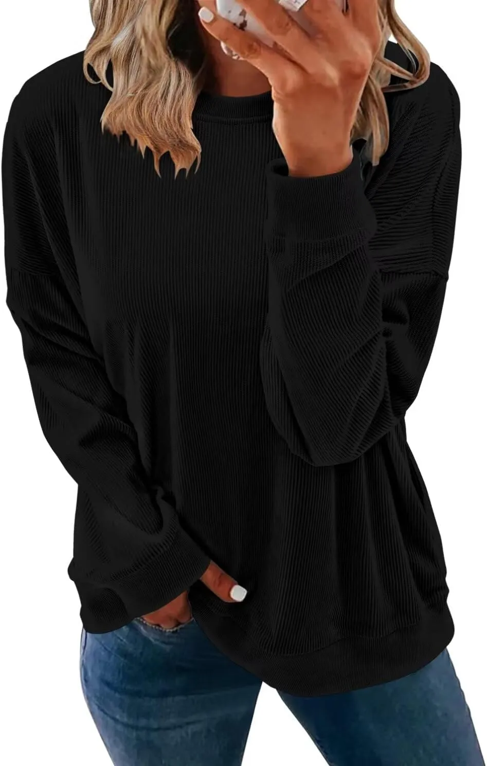 KISSMODA Women's Casual Long Sleeve Sweatshirt Color Block/Solid Crewneck Corduroy Pullover Cute Tops