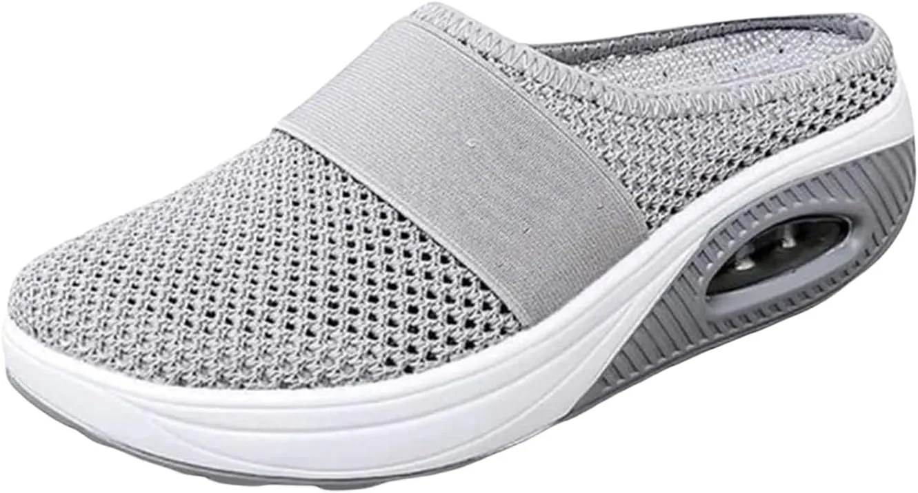 Kubbon Women Mules Shoes Slip On Orthopedic Diabetic Walking Shoes Breathable Wedge Platform Slippers with Arch Support Close Toe Mesh Slides Sneakers