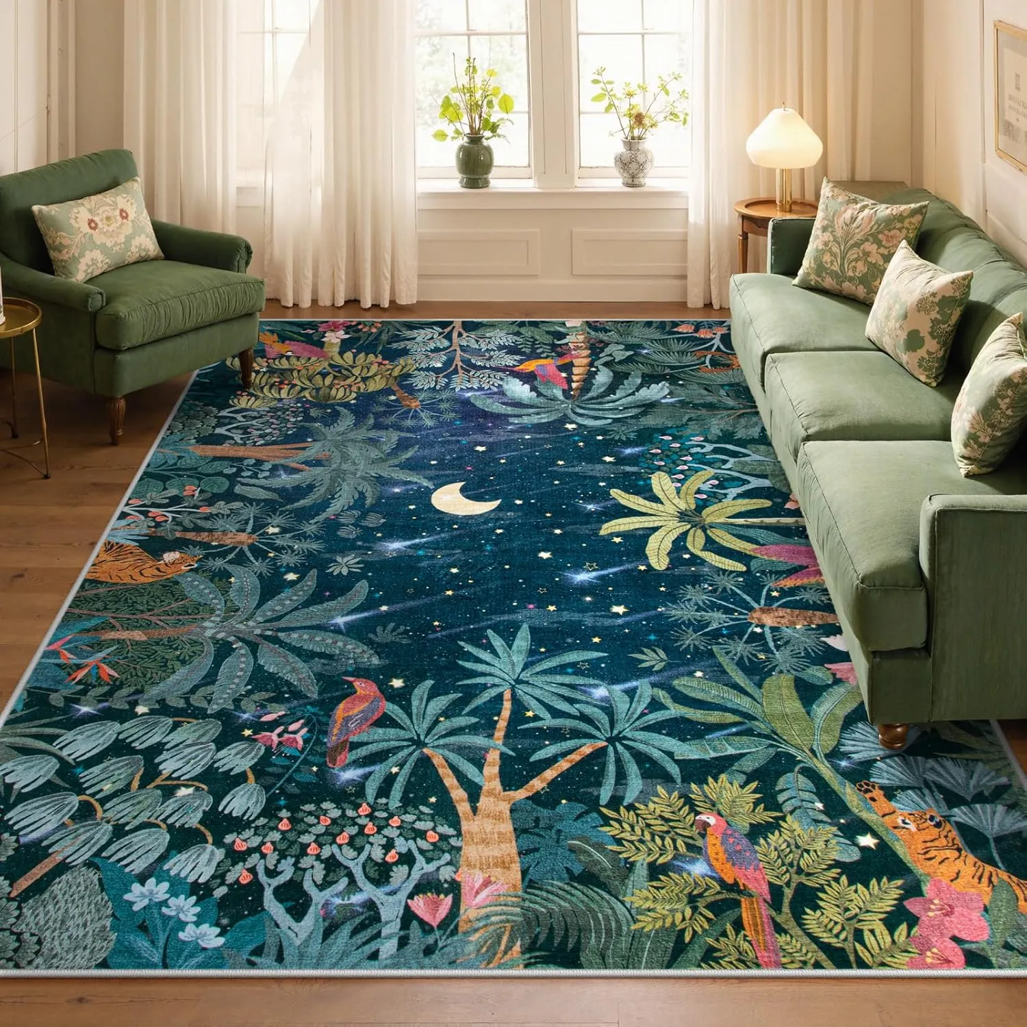 Lahome Midnight Jungle Green Rug, Washable 8x10 Rugs for Bedroom Living Room, Soft Forest Kids Rugs for Playroom, Non Slip Stain Resistant Floor Carpet for Office Dining Room