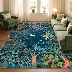 Lahome Midnight Jungle Green Rug, Washable 8x10 Rugs for Bedroom Living Room, Soft Forest Kids Rugs for Playroom, Non Slip Stain Resistant Floor Carpet for Office Dining Room