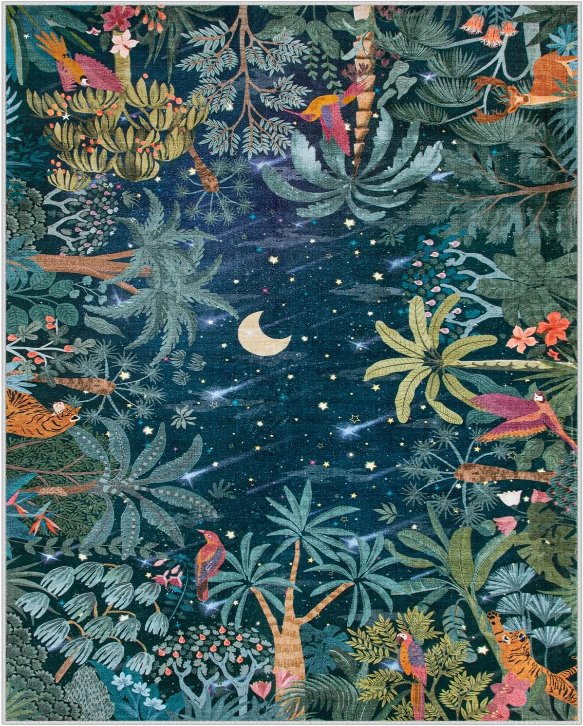 Lahome Midnight Jungle Green Rug, Washable 8x10 Rugs for Bedroom Living Room, Soft Forest Kids Rugs for Playroom, Non Slip Stain Resistant Floor Carpet for Office Dining Room