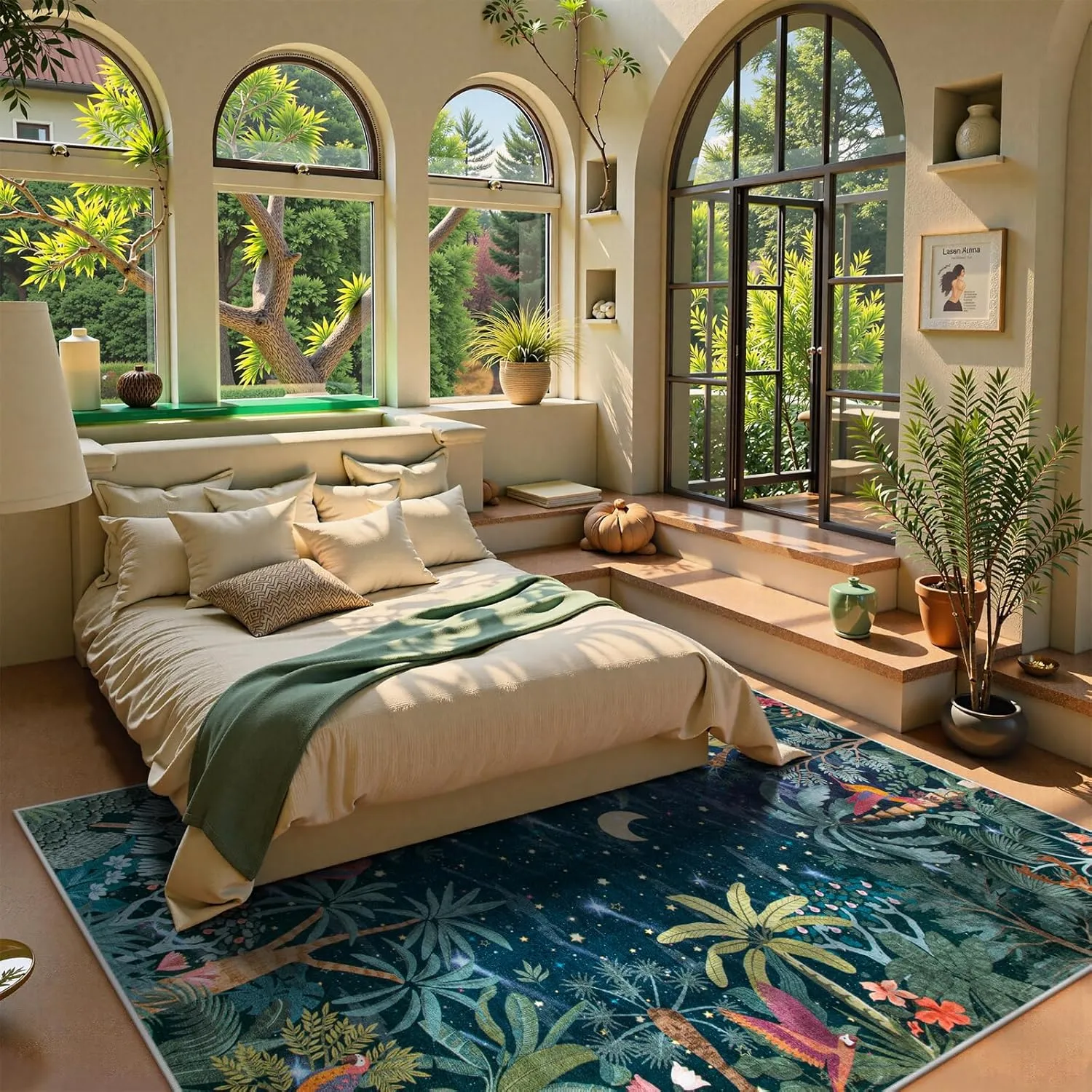 Lahome Midnight Jungle Green Rug, Washable 8x10 Rugs for Bedroom Living Room, Soft Forest Kids Rugs for Playroom, Non Slip Stain Resistant Floor Carpet for Office Dining Room