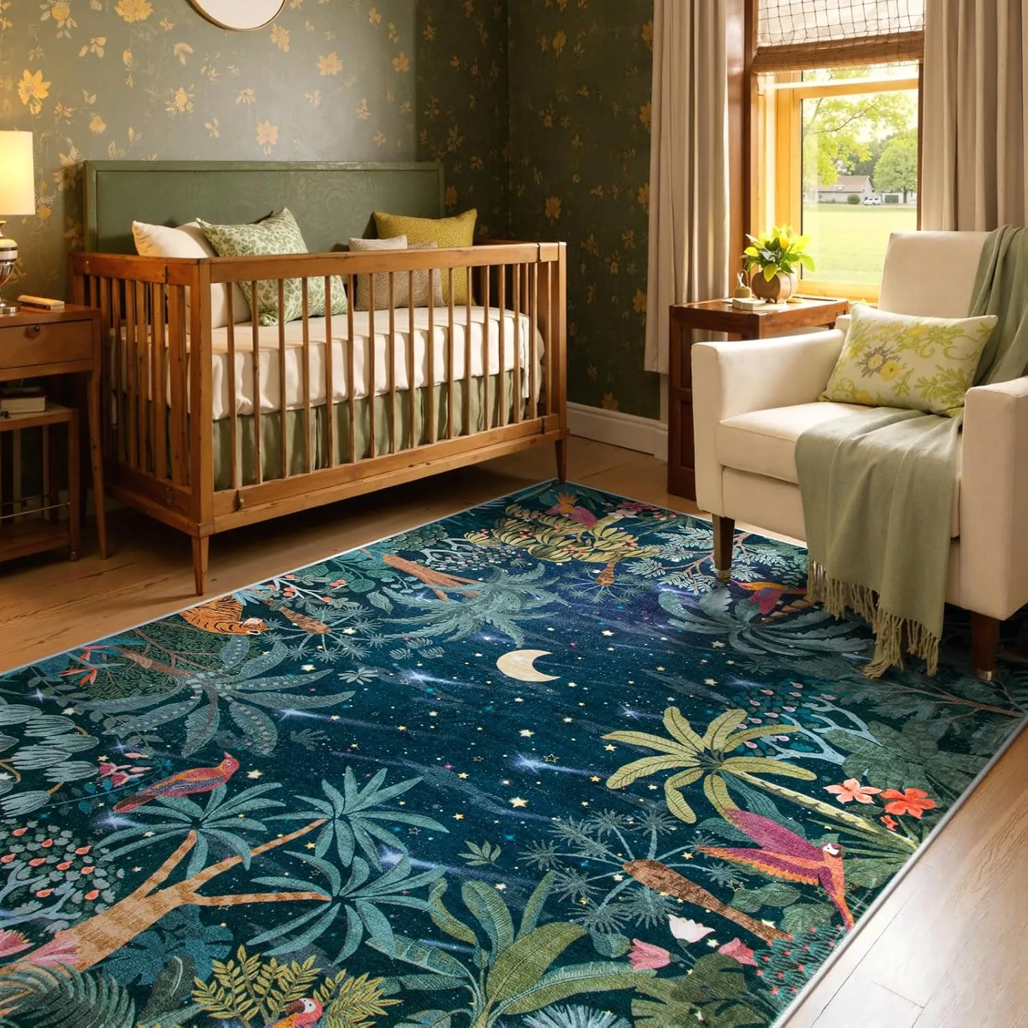 Lahome Midnight Jungle Green Rug, Washable 8x10 Rugs for Bedroom Living Room, Soft Forest Kids Rugs for Playroom, Non Slip Stain Resistant Floor Carpet for Office Dining Room