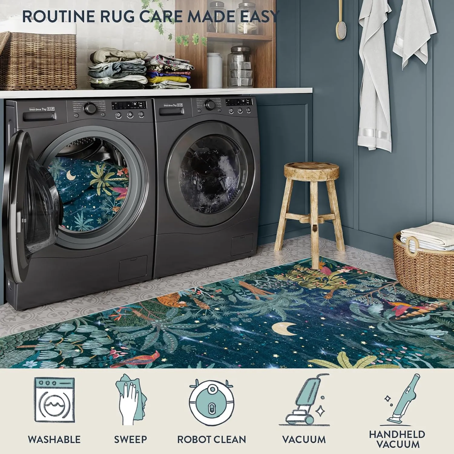 Lahome Midnight Jungle Green Rug, Washable 8x10 Rugs for Bedroom Living Room, Soft Forest Kids Rugs for Playroom, Non Slip Stain Resistant Floor Carpet for Office Dining Room