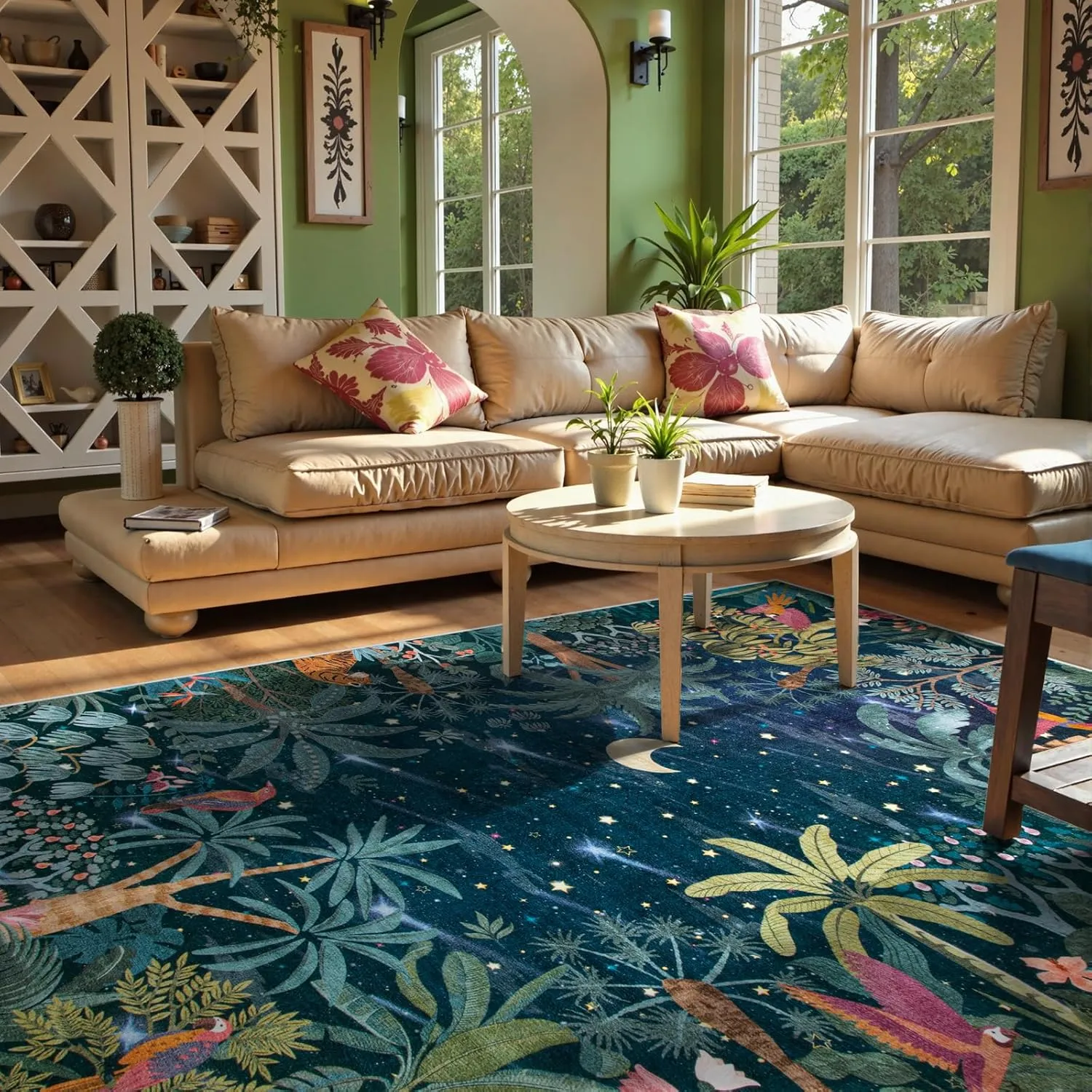 Lahome Midnight Jungle Green Rug, Washable 8x10 Rugs for Bedroom Living Room, Soft Forest Kids Rugs for Playroom, Non Slip Stain Resistant Floor Carpet for Office Dining Room
