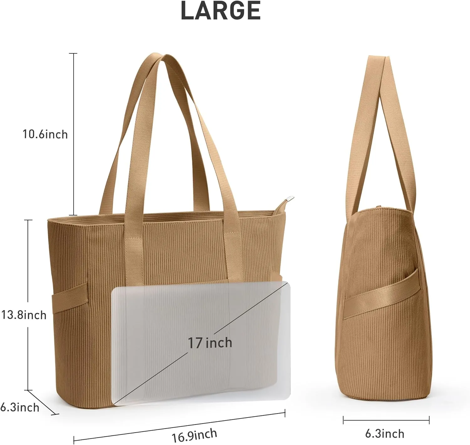 Large Corduroy Tote Bag Women Zipper 24L Anti Splash Casual Shoulder Hobo Handbag Everyday for Stanley Cup Holder