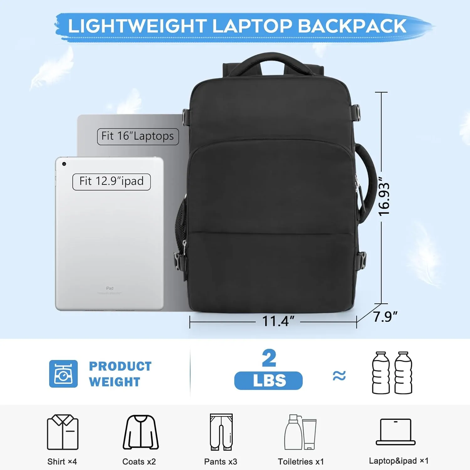 Large Travel Backpack, Carry On Backpack, Personal Item Bag Airline Approved, Lightweight Hiking Backpack, Casual Weekender bag, Laptop Backpack, Black