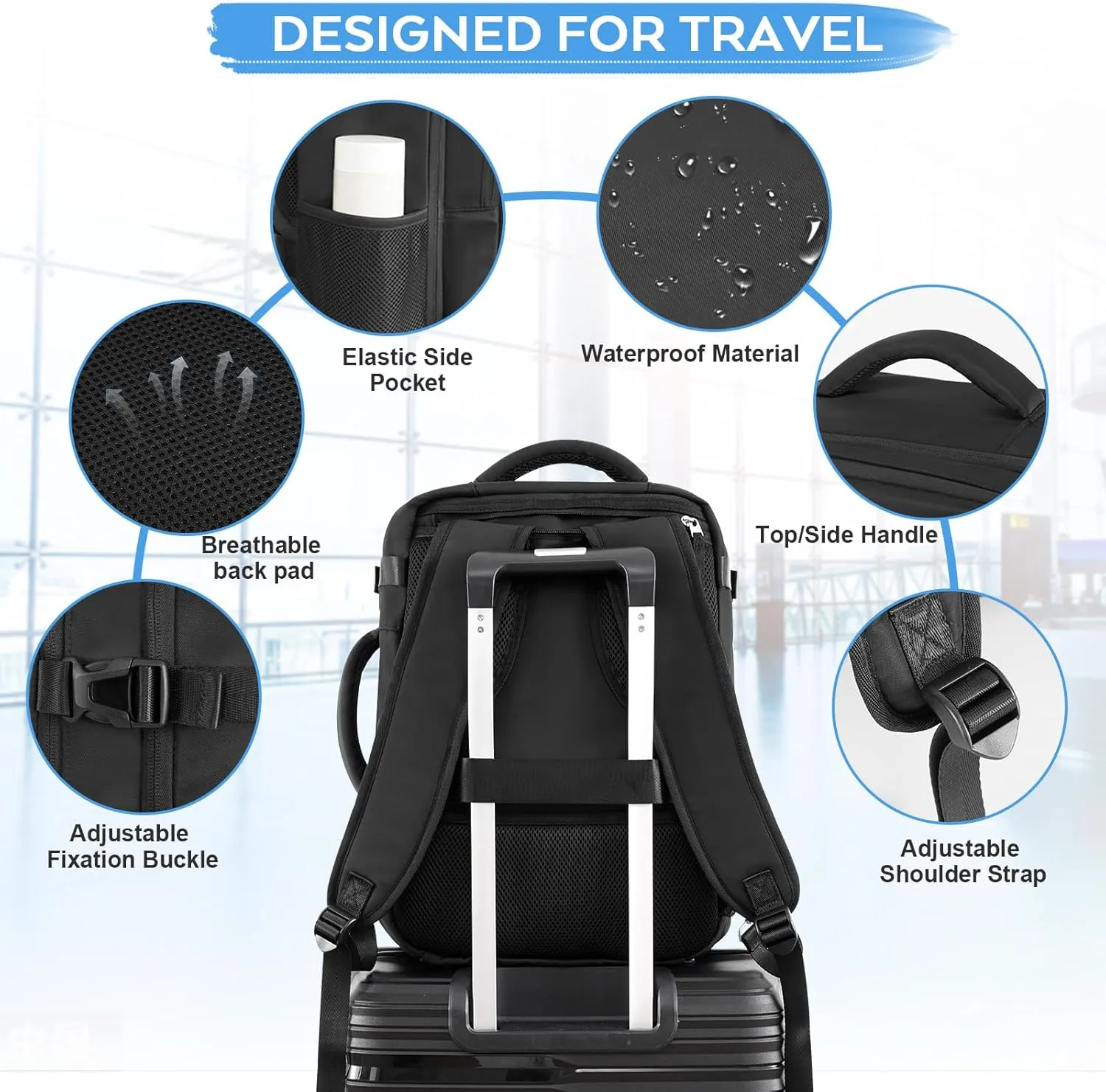 Large Travel Backpack, Carry On Backpack, Personal Item Bag Airline Approved, Lightweight Hiking Backpack, Casual Weekender bag, Laptop Backpack, Black