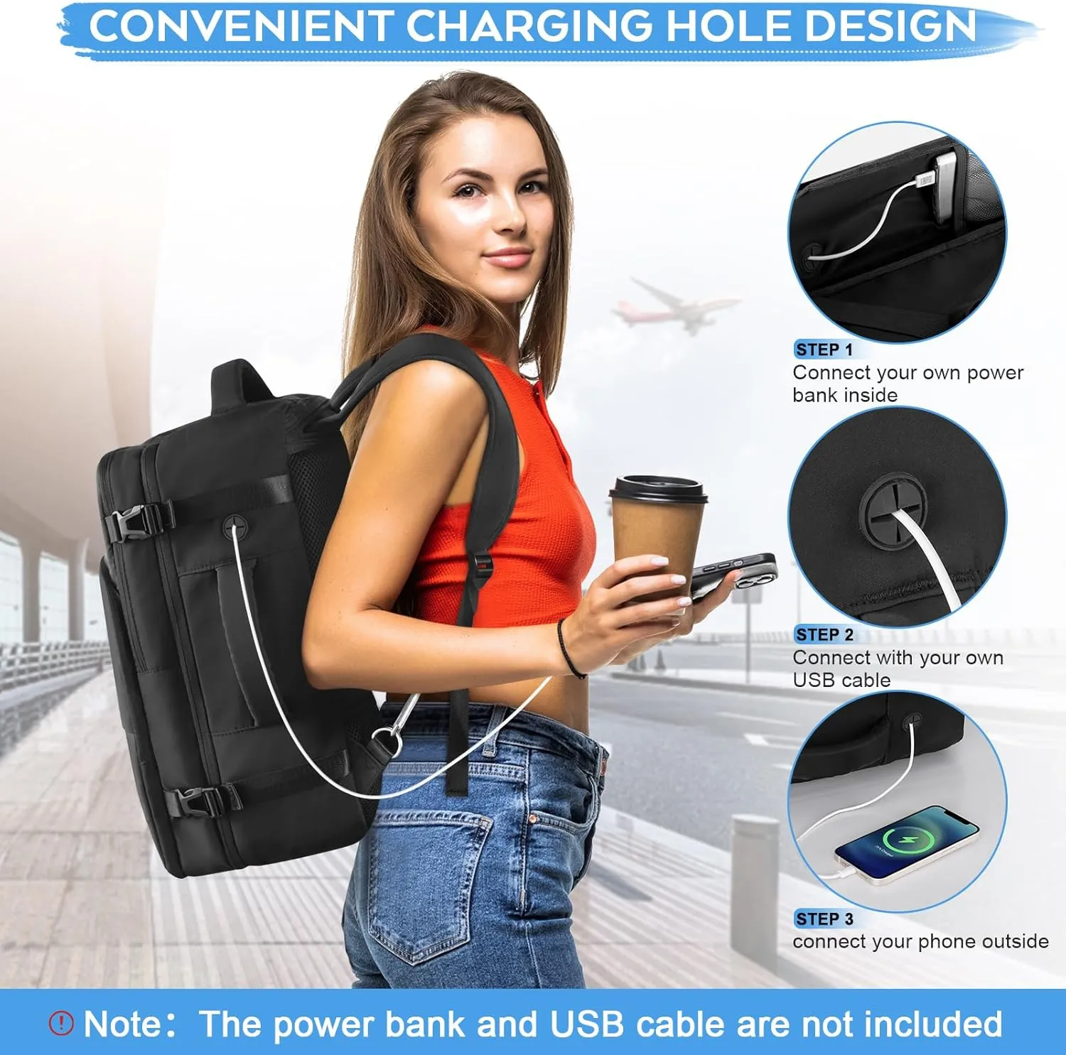 Large Travel Backpack, Carry On Backpack, Personal Item Bag Airline Approved, Lightweight Hiking Backpack, Casual Weekender bag, Laptop Backpack, Black